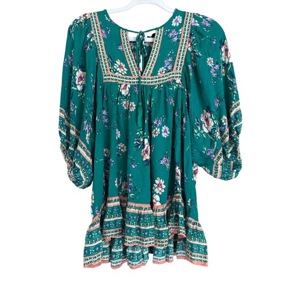 Rachel Zoe Green Floral Boho Peasant Top Puff Sleeves & Tassel Tie Neck Womens S - Picture 3 of 11